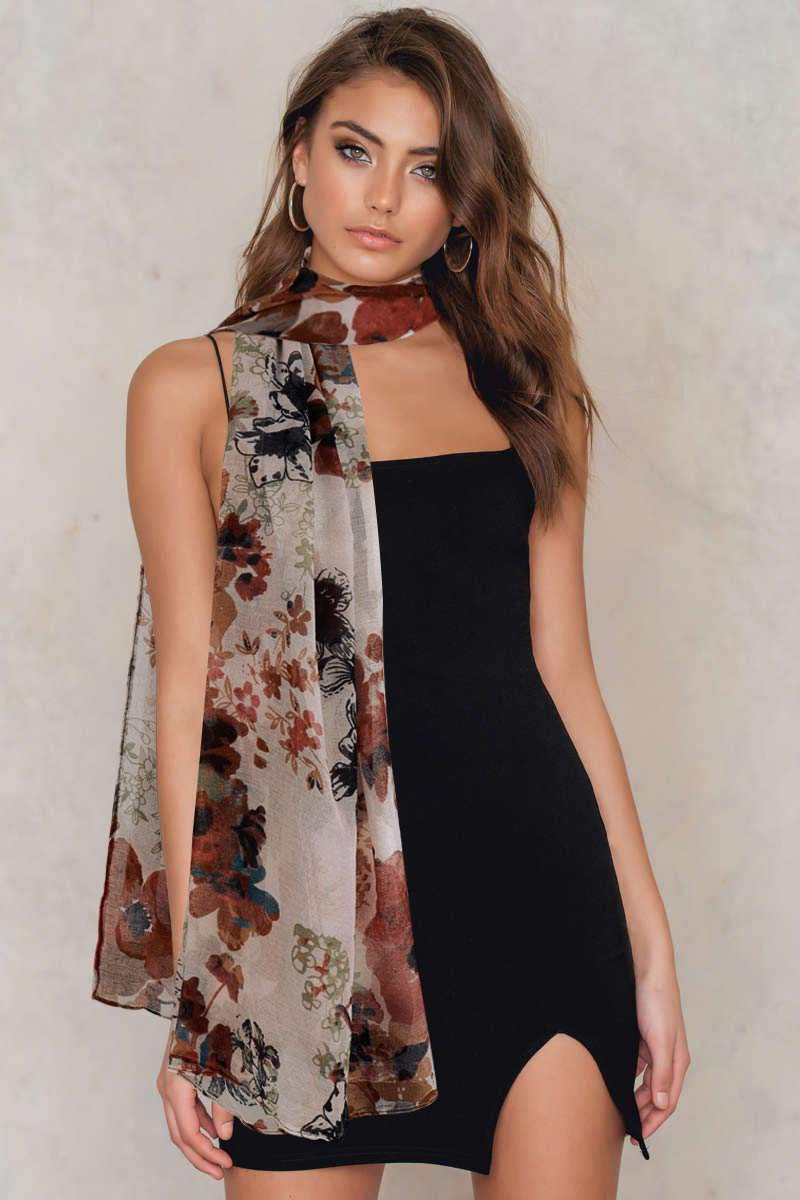 GERINLY Lightweight Scarves Fashion Flowers Print Shawl Wrap for Women Dressy Fall Neck Accessory Pretty Sarong (Brown) - Image 3
